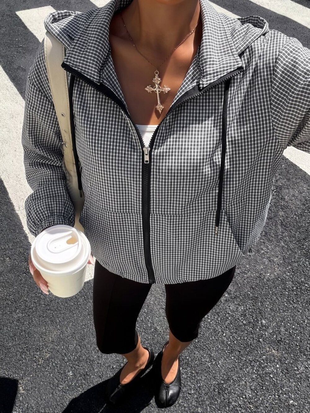 Black and White Checkered Women's Casual Oversized Zip-Up Hooded Knit Jacket